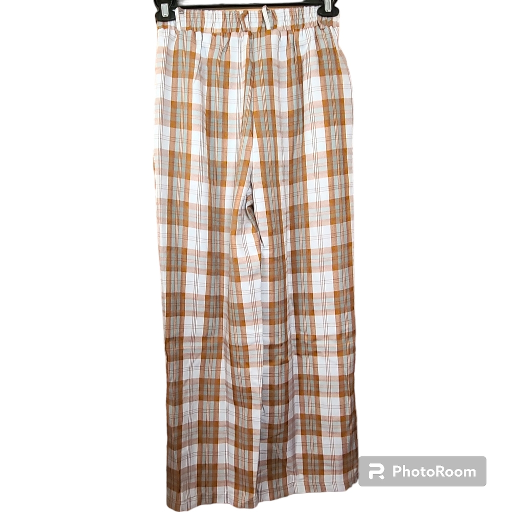 NWT Listicle Size Small Sky Blue Brown Plaid Pleated Wide Leg Trouser Pants - Picture 7 of 16